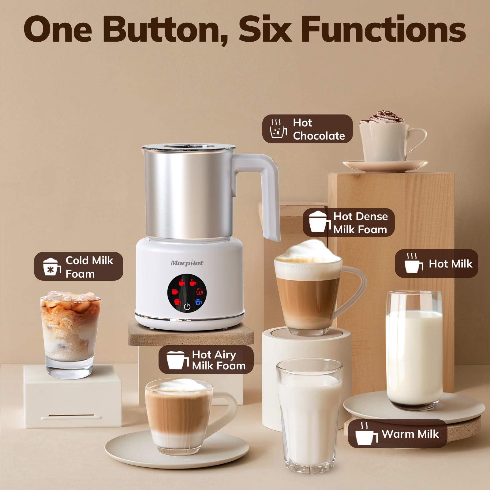 Morpilot Montalatte Elettrico, Milk Frother in Acciaio Inossidabile, 6 in 1 Funzione, Capacità 250ml Cappuccino o 500 ml Latte Caldo, Design Diviso, Bianco