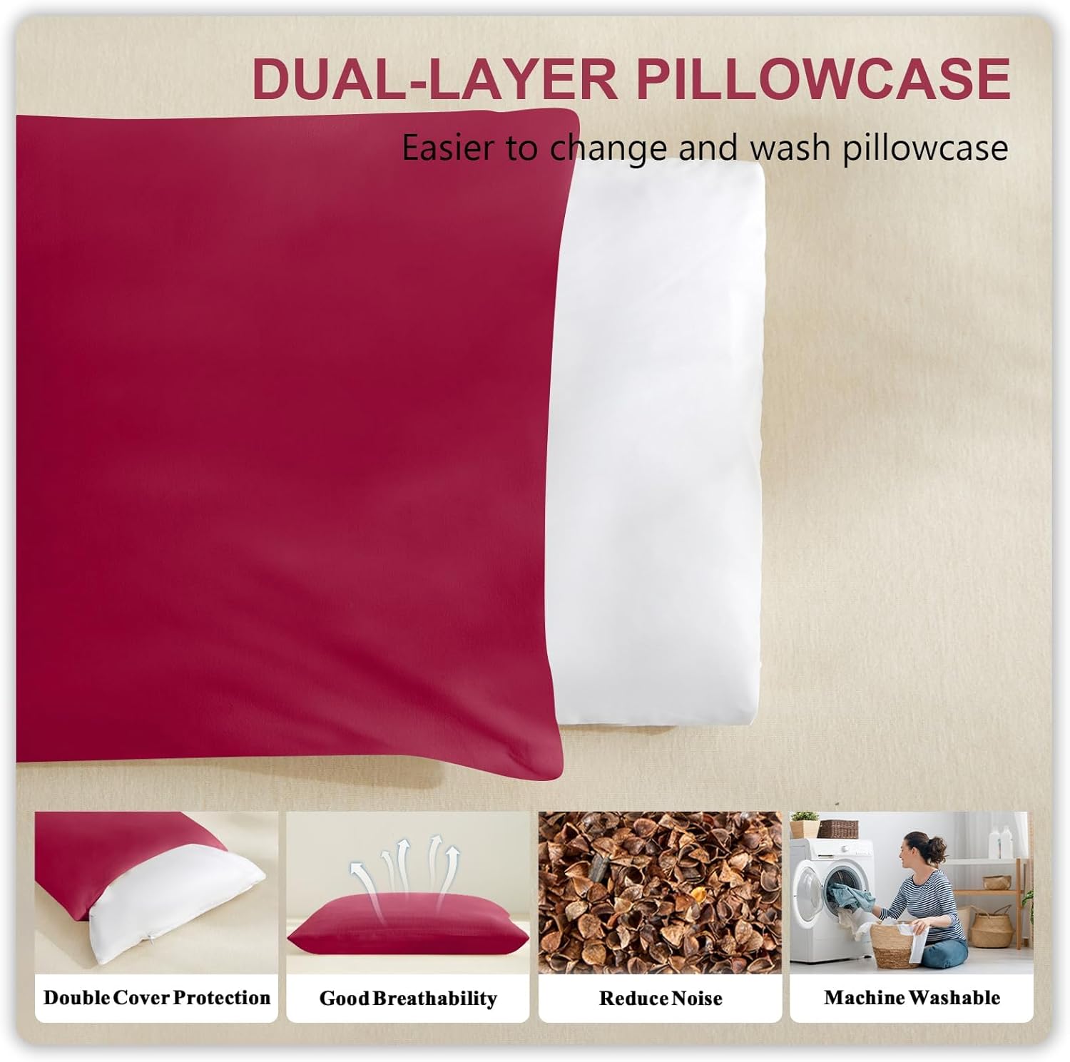 Organic Buckwheat Pillow for Sleeping with Dual-Layer Pillowcase and Extra Tartary Buckwheat Hulls, Adjust Height and Firmness, Neck Support Pillow for Back and Side Sleepers 20"x26", Burgundy