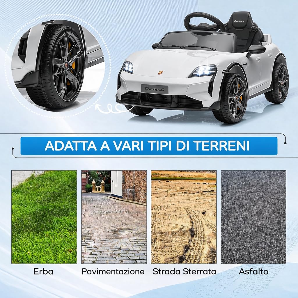 Porsche Taycan Turbo S Macchina Elettrica per Bambini 12V con Telecomando Cintura a 3 Punti Fari a Led Bluetooth Auto Elettrica Full Optional (Bianco)