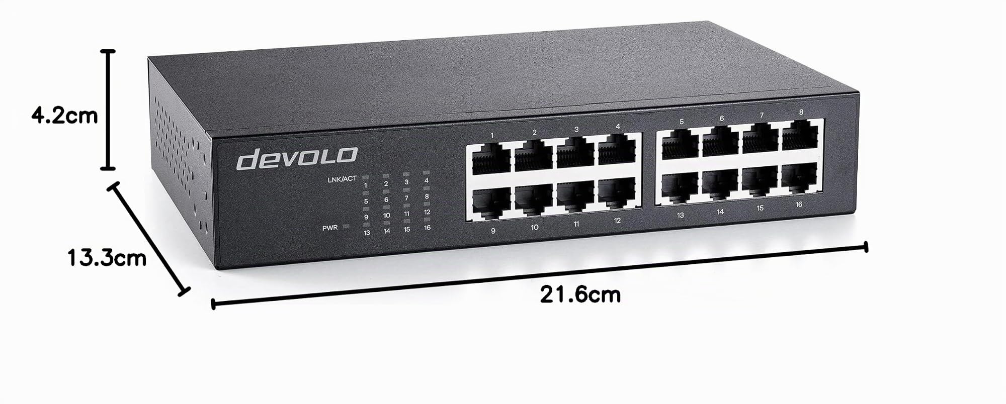 Devolo Gigabit Ethernet Switch 16 Port, unmanaged Switch Gigabit Ethernet, commutateur réseau, 1.000 Mbits-s, sans Ventilateur, Noir