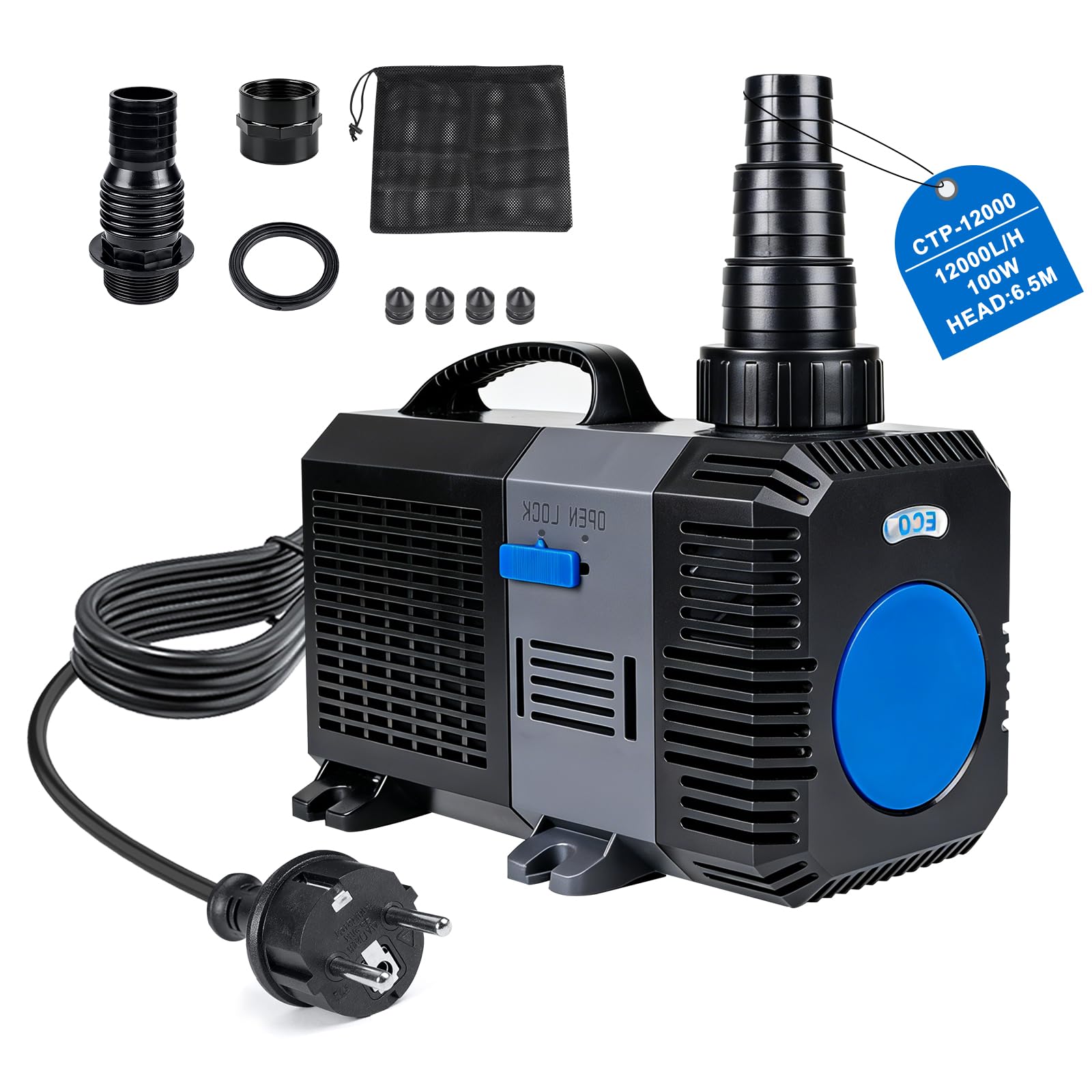 EXLECO Super Eco Pompa Acqua per Laghetto e Filtro 12000L/H 100W, Filtro a Risparmio Energetico Sommergibile Pompa per Flusso per Stagno Acquario laghetti Carpe Koi CTP-12000
