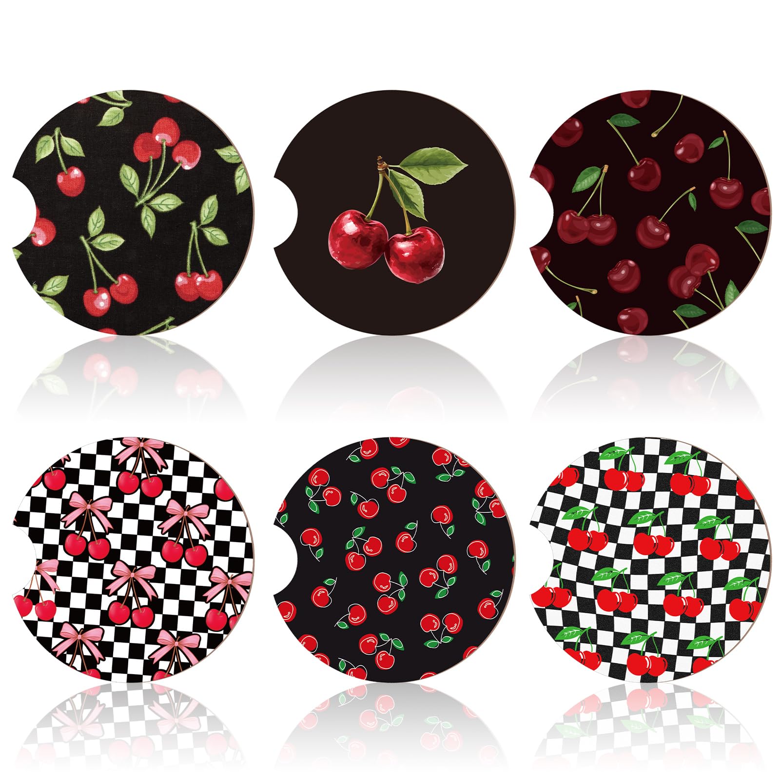 Sieral 6 Pcs Cherry Car Coasters for Cup Holders 2.56 Inch Cute Red and Black Absorbent Cork Base with Finger Notch Cherry Car Accessories for Women