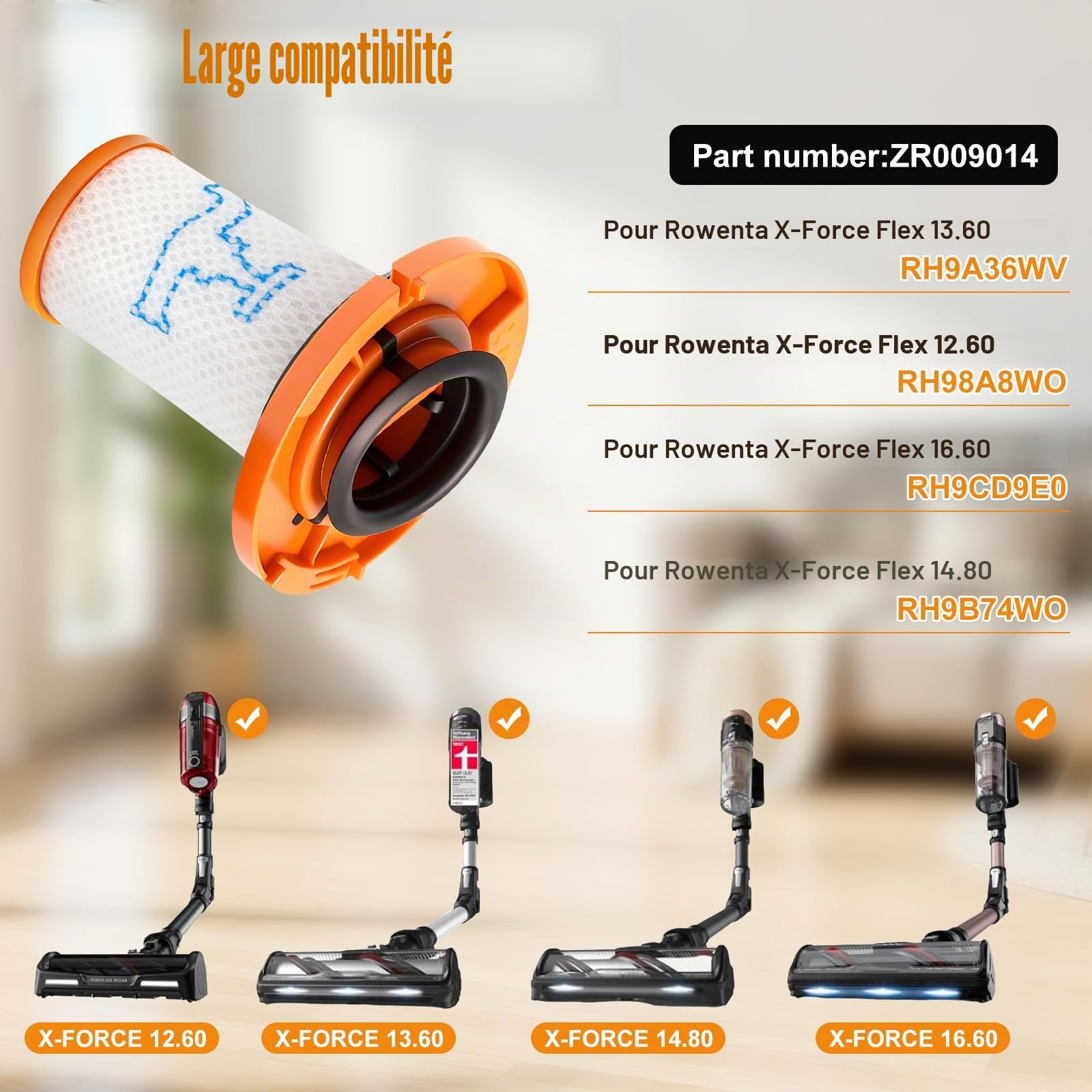 ZR009014 Lot de 3 filtres HEPA + 1 brosse de nettoyage, compatible avec aspirateur Rowenta X-Force Flex 13.60 12.60 14.80 16.60, filtre de rechange pour Rowenta