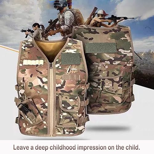 Miniatura 7 de Xximuim Chaleco táctico para niños, chaleco de nailon ajustable de 17.7in, chaleco de juego para exteriores con múltiples bolsas para jugar con CS
