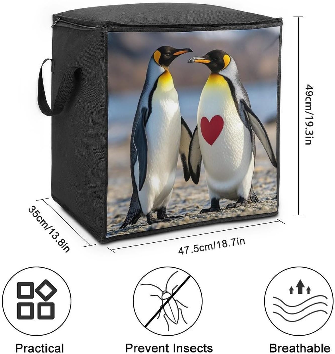 Penguin with Heart Storage Bags Moving Bags Storage Bins | Comforter Storage Bag Reinforced Handles & Zippers Foldable Closet Organizers and Storage for Blanket Pillow Clothes