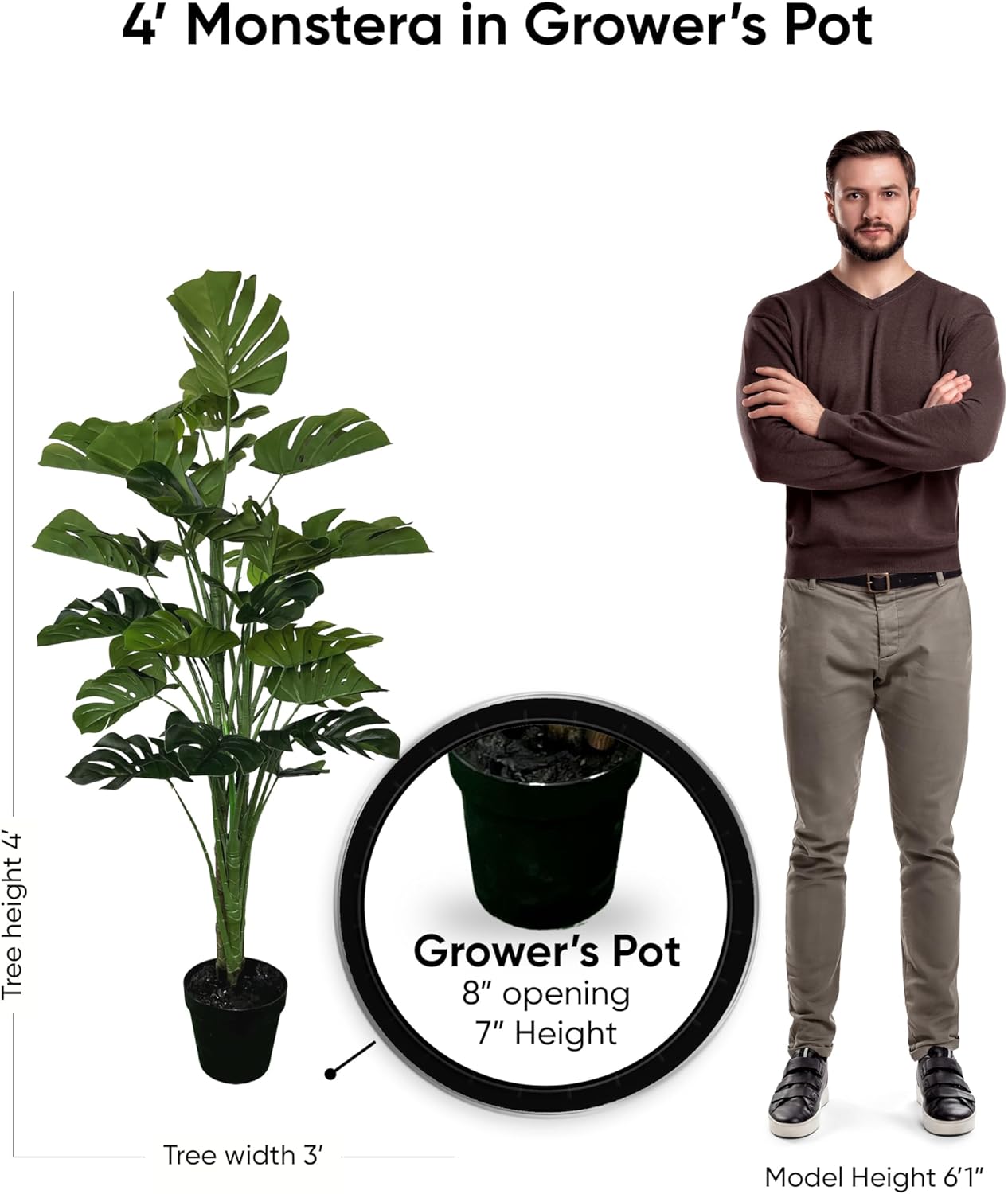 Cypress & Alabaster 4ft Artificial Monstera Plant, Handmade Designer Tree, Hypoallergenic, 4-Foot, Green