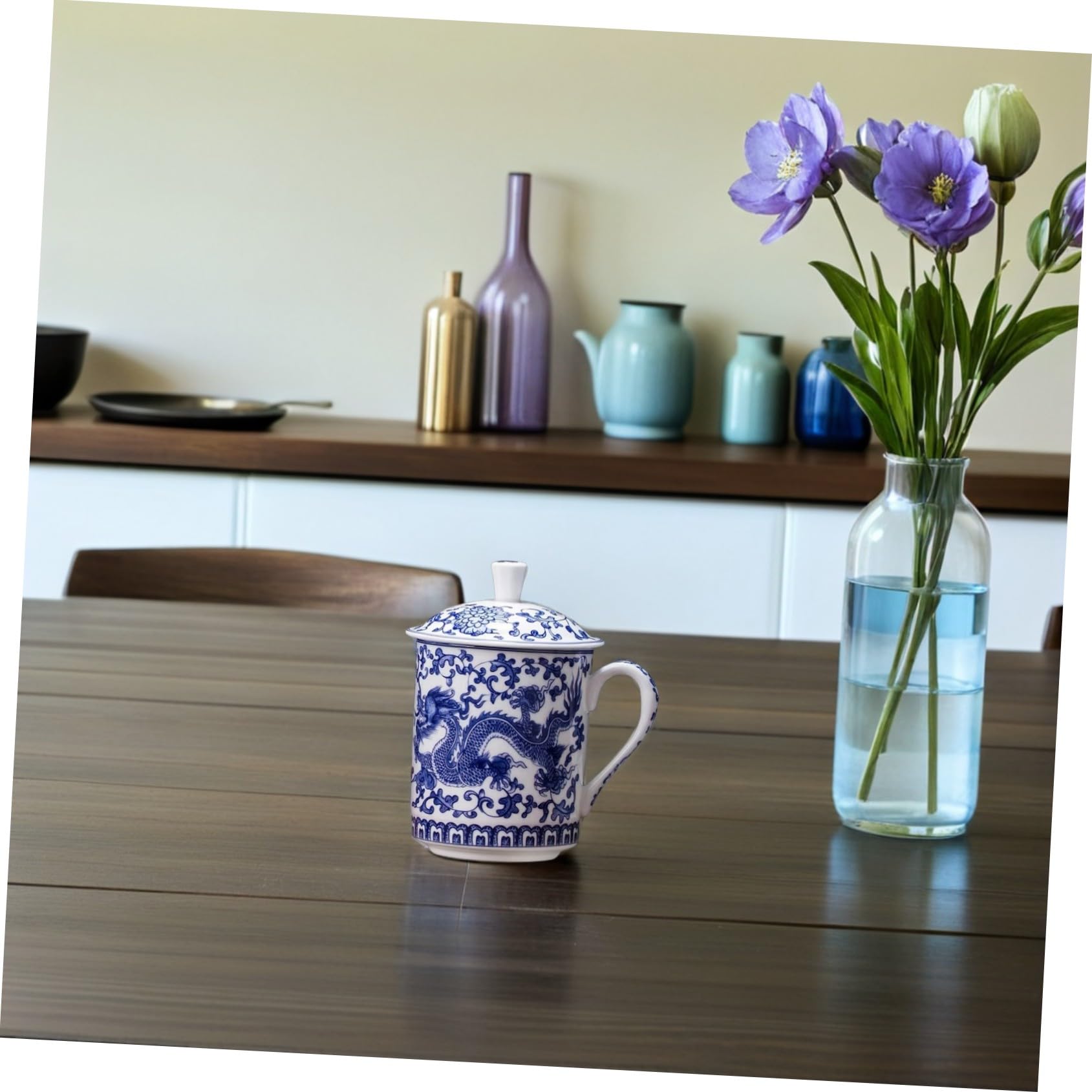Housoutil Taza de Té de Cerámica Tapa, Gran Capacidad y Diseño Azul y Blanco, Fácil de Limpiar y Resistente a Manchas para Uso en Casa o Oficina