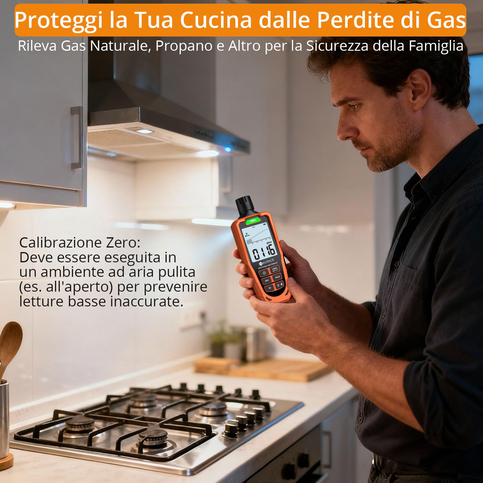 Neoteck Rilevatore di Fughe di Gas Portatile Ricaricabile Detector Gas Metano, GPL e Naturale (0-10000 ppm) con Display LCD 2.9", Allarme Sonoro+Luminoso e Torcia per Casa, Cucina, Officina, Camper