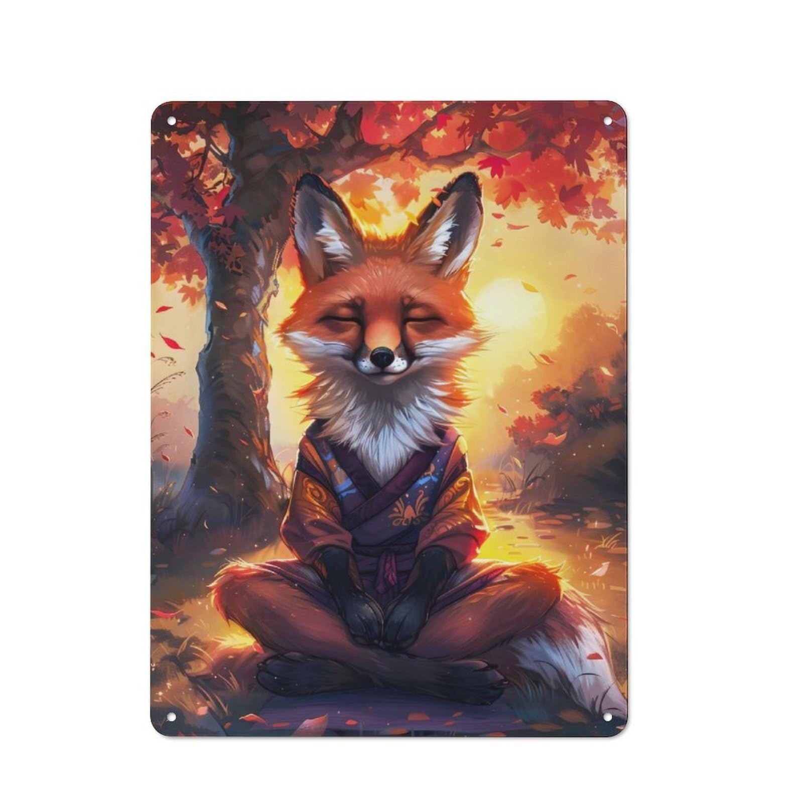 Junmoney Zen Meditating Fox Metal Plaque 40X30cm With For Garage Wall, Retro Decor, For Themed Interiors In Garages And Workshops