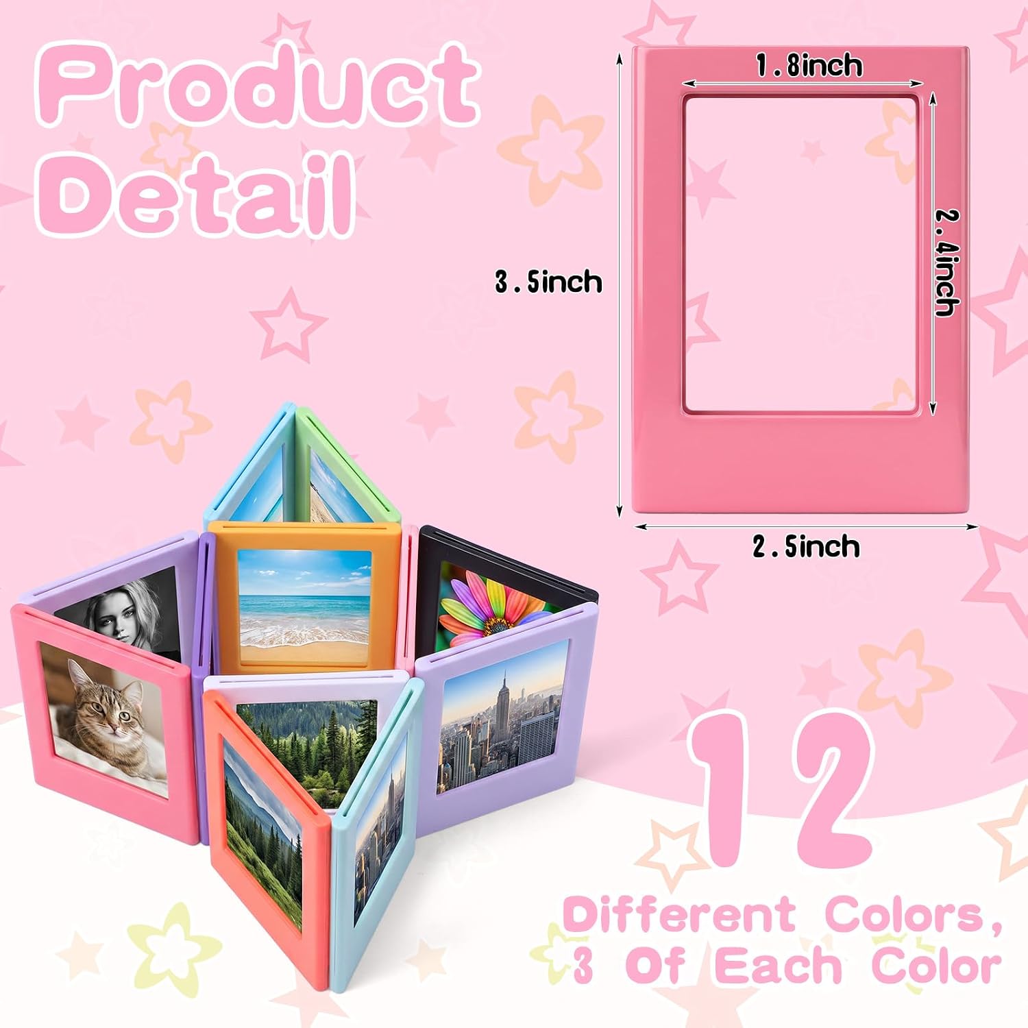36 Pcs Magnetic Picture Frame for Mini 3 Inch Photos - 12 Colors Plastic Table Frame Holder Fridge Magnet for Office, Wallet Size Display, 3 Each Color