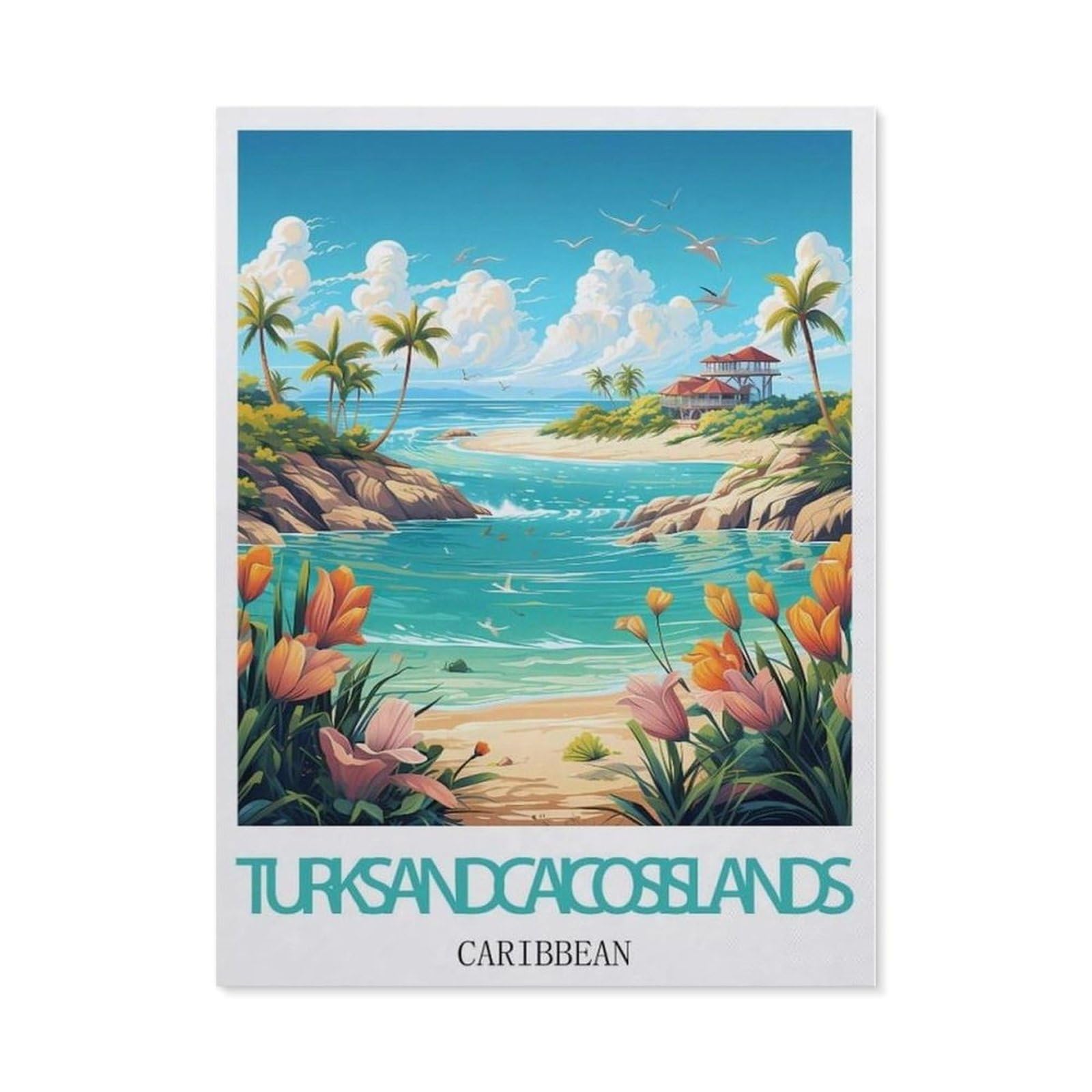 Beayodkp （30 X 40 Cm/11.81 X 15.74 Inches） 5D Diy Diamond Painting Kit，Turks And Caicos Islands Caribbean Vintage Travel Poster，Crystal Mosaic Full Drill Round Diamond Painting Embroidery Accessories-Ce45