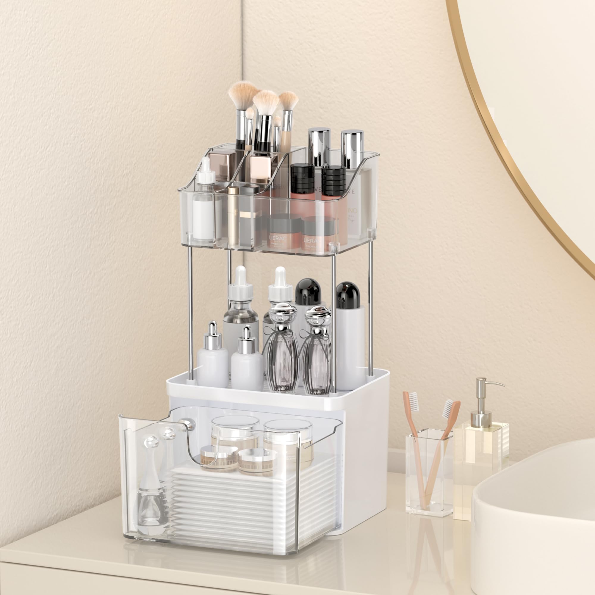 DOADW Small Bathroom Countertop Organizer with Drawer - 3 Tier Makeup Organizer for Vanity - Medium Clear Multi-Purpose Makeup Skin Care Organizer