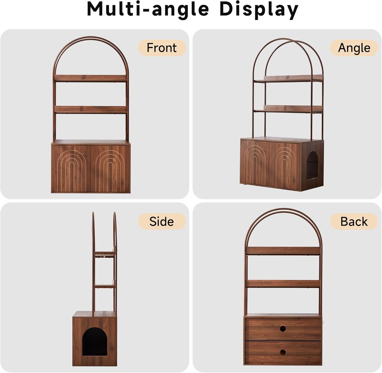 Arched Cat Litter Box Enclosure with 2-Tier Shelves, 63" Tall Hidden Litter Box Furniture with Reversible Entry, Wood Grain Metal Frame Large Cabinet Cat House Washroom with Hooks & Anti-Tipping Kit