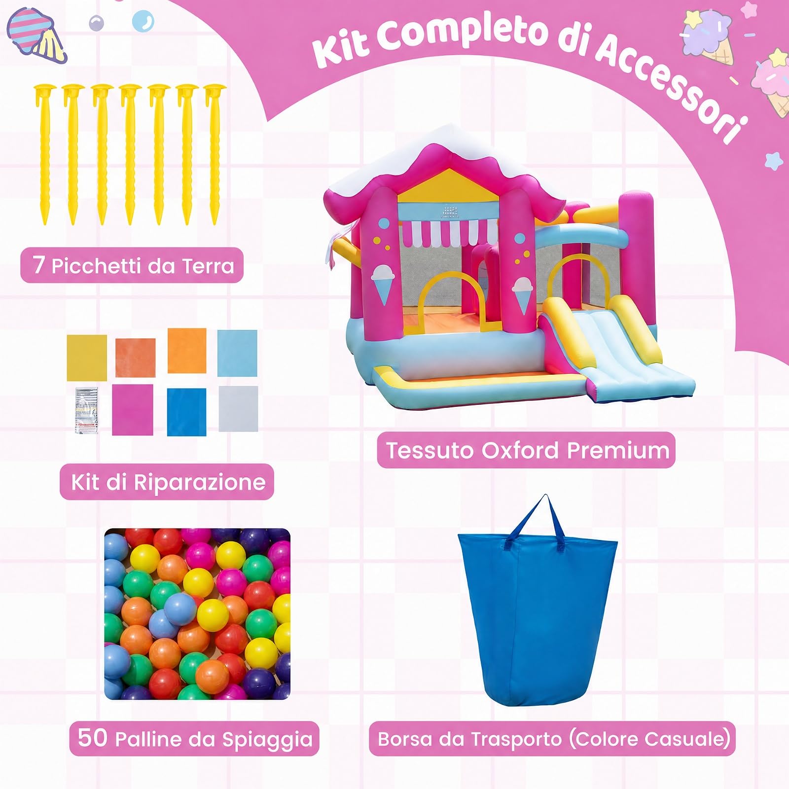 COSTWAY Castello Gonfiabile per Bambini 3-12 Anni | Casa Gonfiabile per Interno ed Esterno con Trampolino con Ostacolo, Scivolo, Piscina con 50 Palline, 7 Picchetti e Borsa