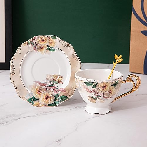 Miniatura 2 de fanquare Juego de taza de té y platillo de porcelana amarilla antigua, taza de café Petestal con platillo, cuchara, taza floral de 7 onzas con mango