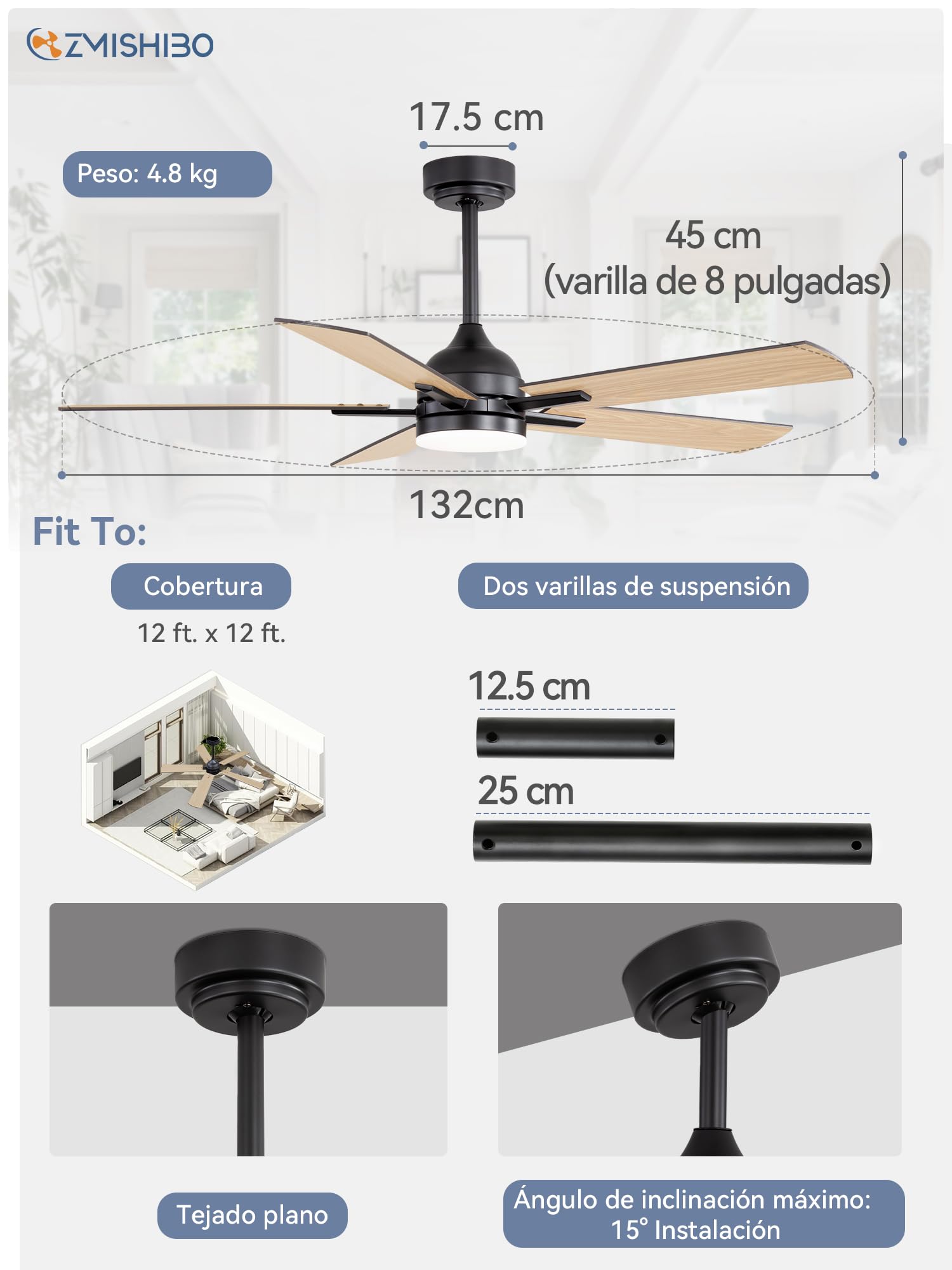 ZMISHIBO Ventilador de Techo con Luz, Ø132 cm, Motor DC Eficiente, 6 Velocidades, 3 Temperaturas de Color (3000K, 4000K, 6000K), Diseño Moderno, Control Remoto, Ahorro Energético