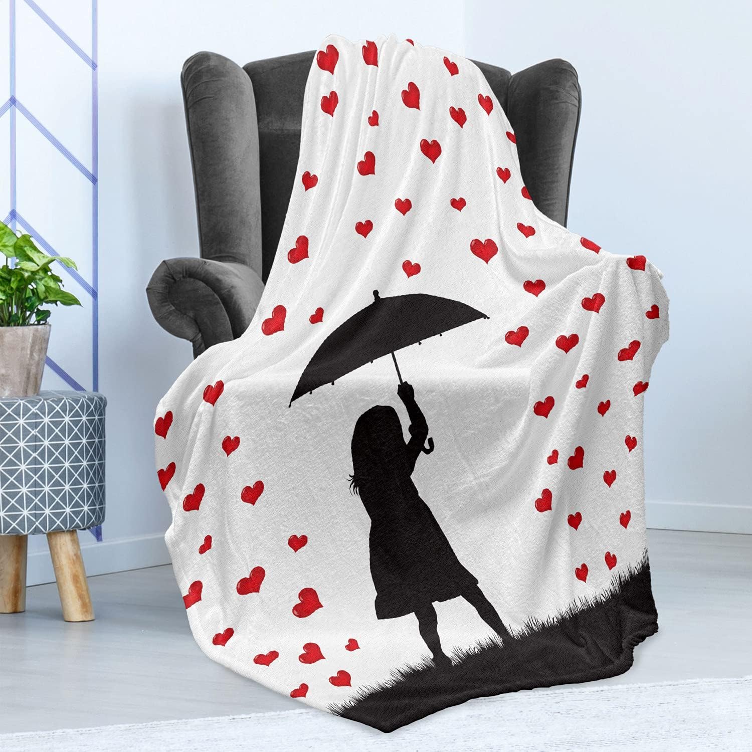 Lunarable Hearts Throw Blanket, Love is in The Air Themed Valentine's Day Rain with Girl Silhouette, Flannel Fleece Accent Piece Soft Couch Cover for Adults, 50" x 60", Vermilion White