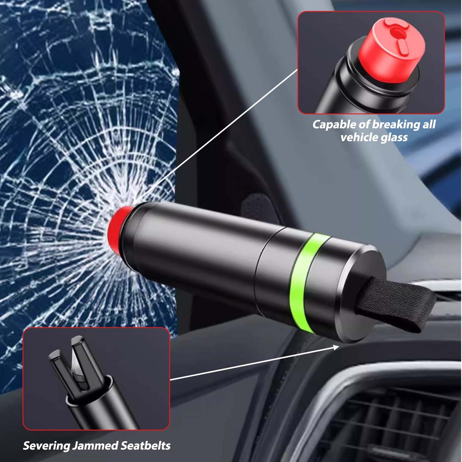 2 Piezas 2 en 1 Rompe Cristales y Cinturones, Martillo Rompe Cristales Coche | Martillo Rescue con Anillo Luminoso, Corta Cinturones Rompe Cristales, Accessories para Emergencia Coche