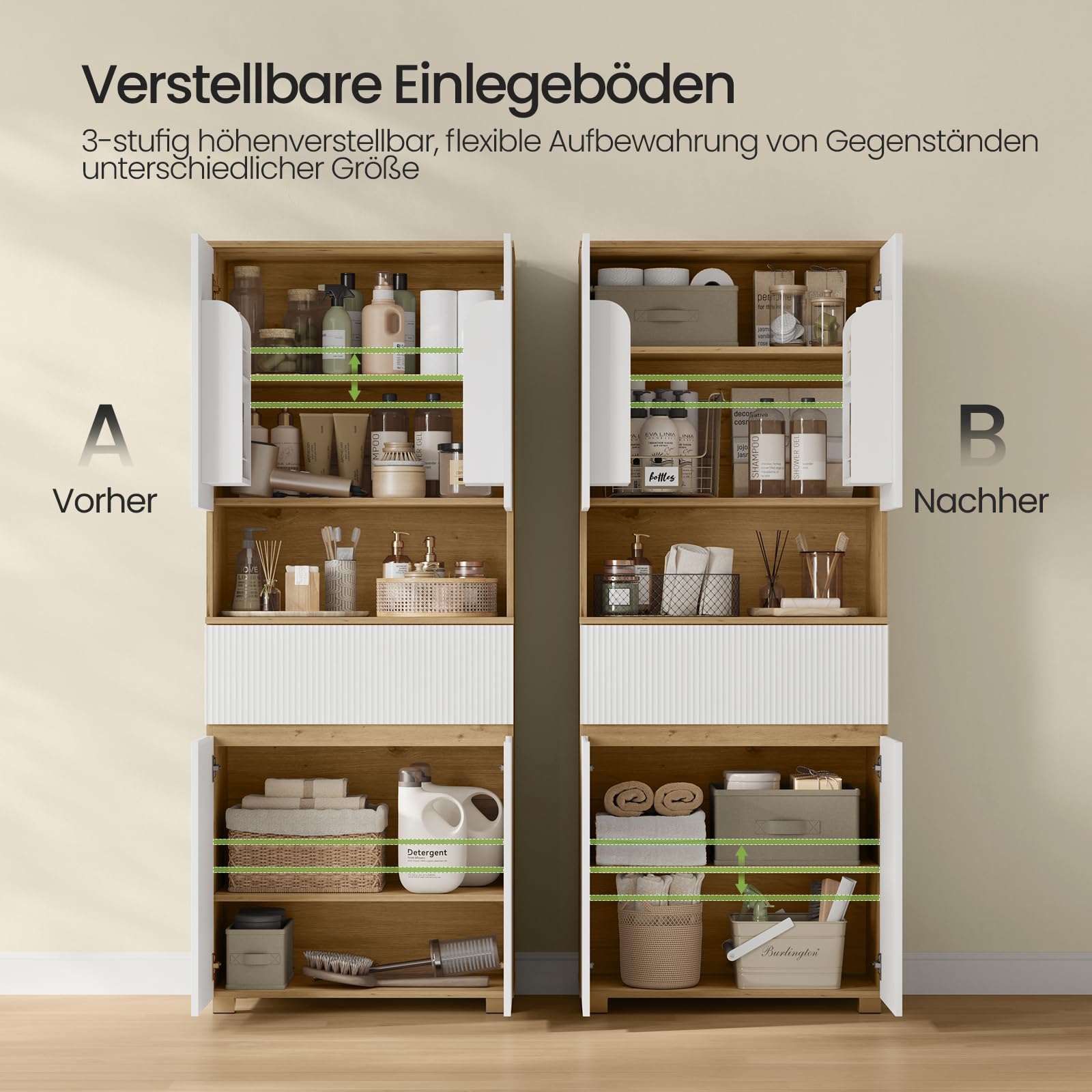 EUGAD Badezimmerschrank hoch, Badschrank, Mit 4 Türen, 1 offenem Fach, 1 Schublade, verstellbaren Einlegeböden, 70 x 176,5 x 40 cm, für Bad Wohnzimmer Küche, Weiß+Holzoptik
