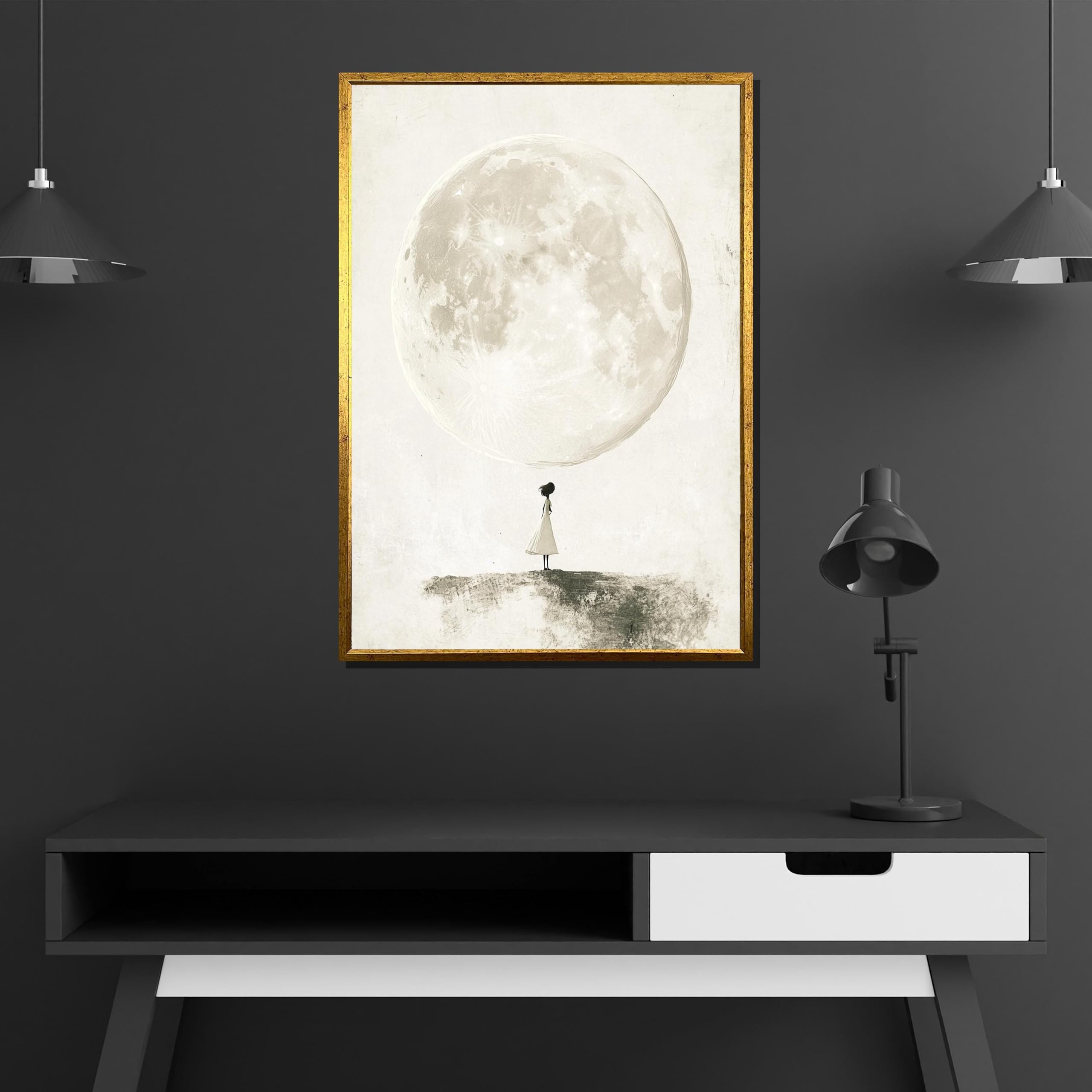 XINBAO Obraz na płótnie Dziewczyna i Księżyc - Monochromatyczna minimalistyczna marzycielska grafika gotowa do powieszenia, idealna do pokoju dla niej lub pokoju dziecięcego (80 x 110 cm/bez ramy)