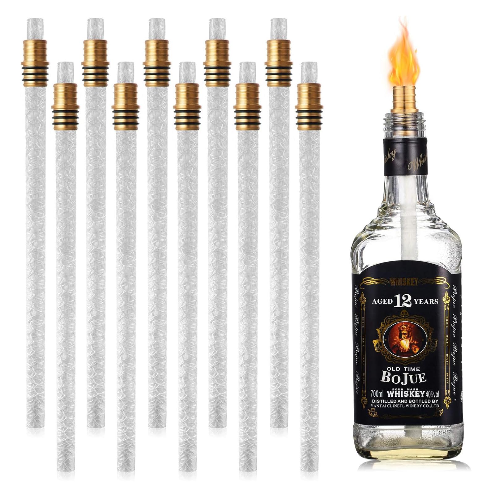 POTRUWE Wine Bottle Torch Kit 13.78Inch, Includes 10 Soft Fiberglass Replacement Torch Wicks10 Brass Wick Mount Just Add Bottle for an Outdoor Wine Bottle Torch