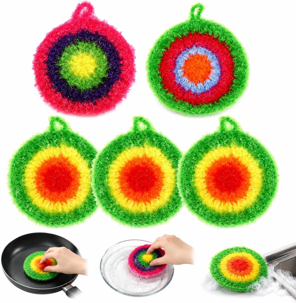 Garneck 5 Pack Dish Scrubber Non Scratch: Reusable Oil-Free Dish Sponges for Kitchen Washing Pots Pans Cute Polyester Cleaning Scrub Pads with Hanging Loop for Household Cookware