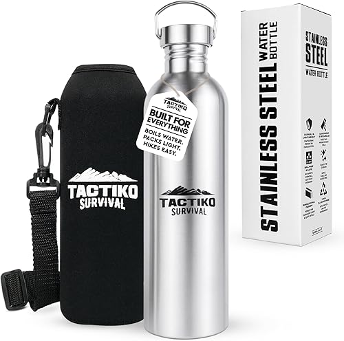 Tactiko Survival Botella de agua de boca ancha de acero inoxidable, de una sola pared, apta para hervir, a prueba de fugas, sin BPA, con funda de