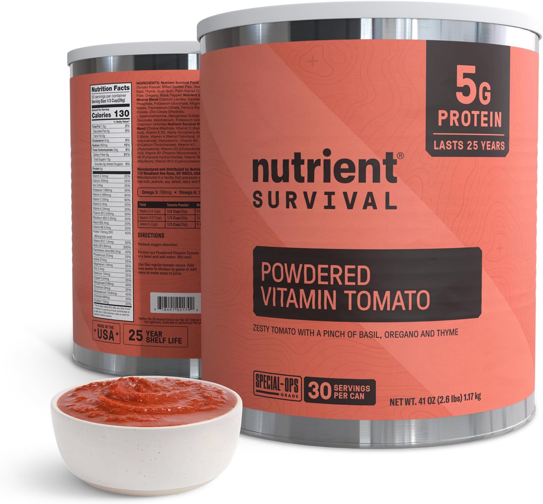 Tomato Powder, Powdered Vitamin Tomato (30 Servings) Emergency Food Supply & Camping Supplies for Soups, Sauces, Meatloaf, 40 Nutrients, Shelf Stable up to 25 Years, One Can