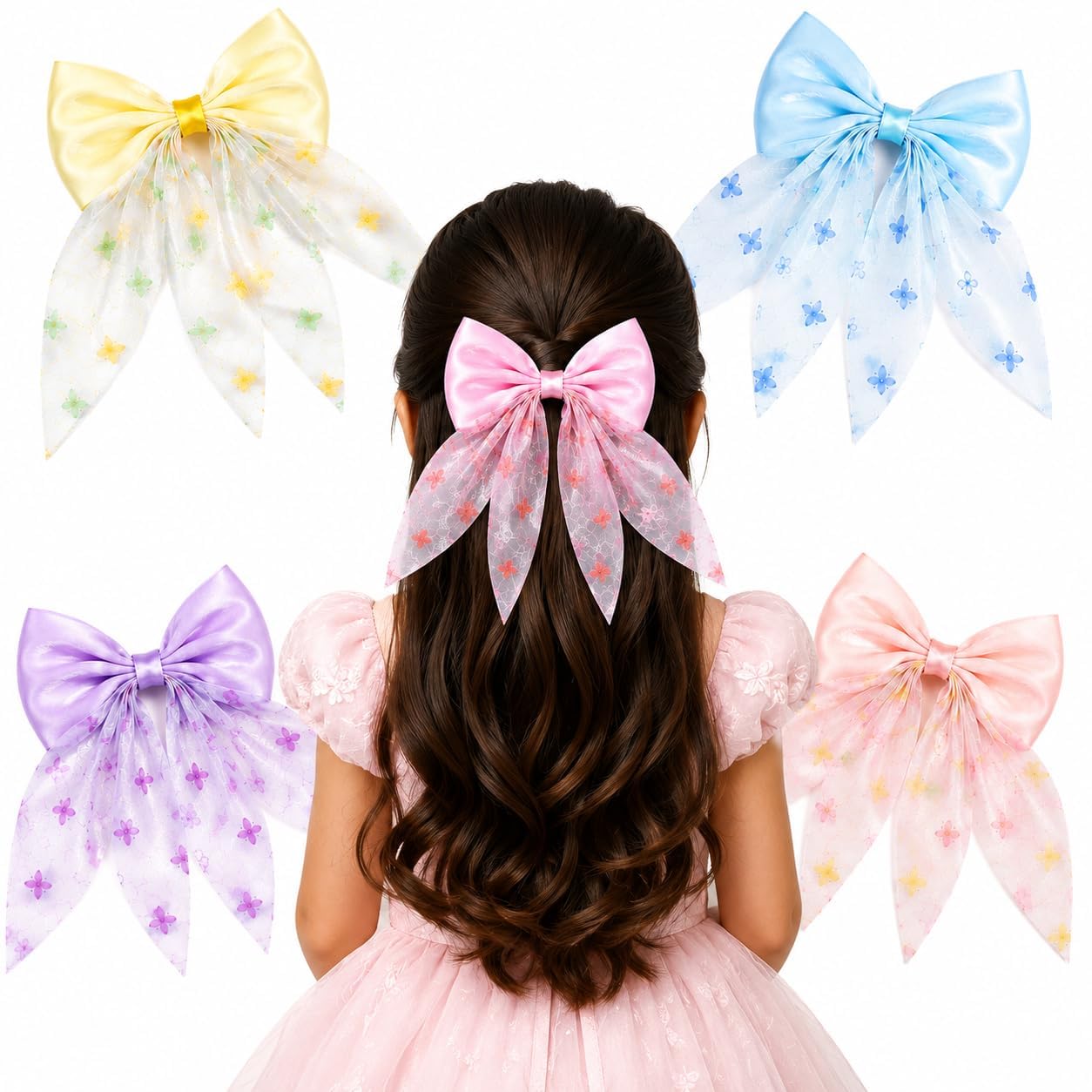 Bow Hair Clips for Baby Girls – 1Pc Bow Clips for Hair, Floral Sheer Tail Bow with Pearl Accents – Hair Bow Clip for Kids, Random Assorted Colour | Assorted Colours | GogoPogo