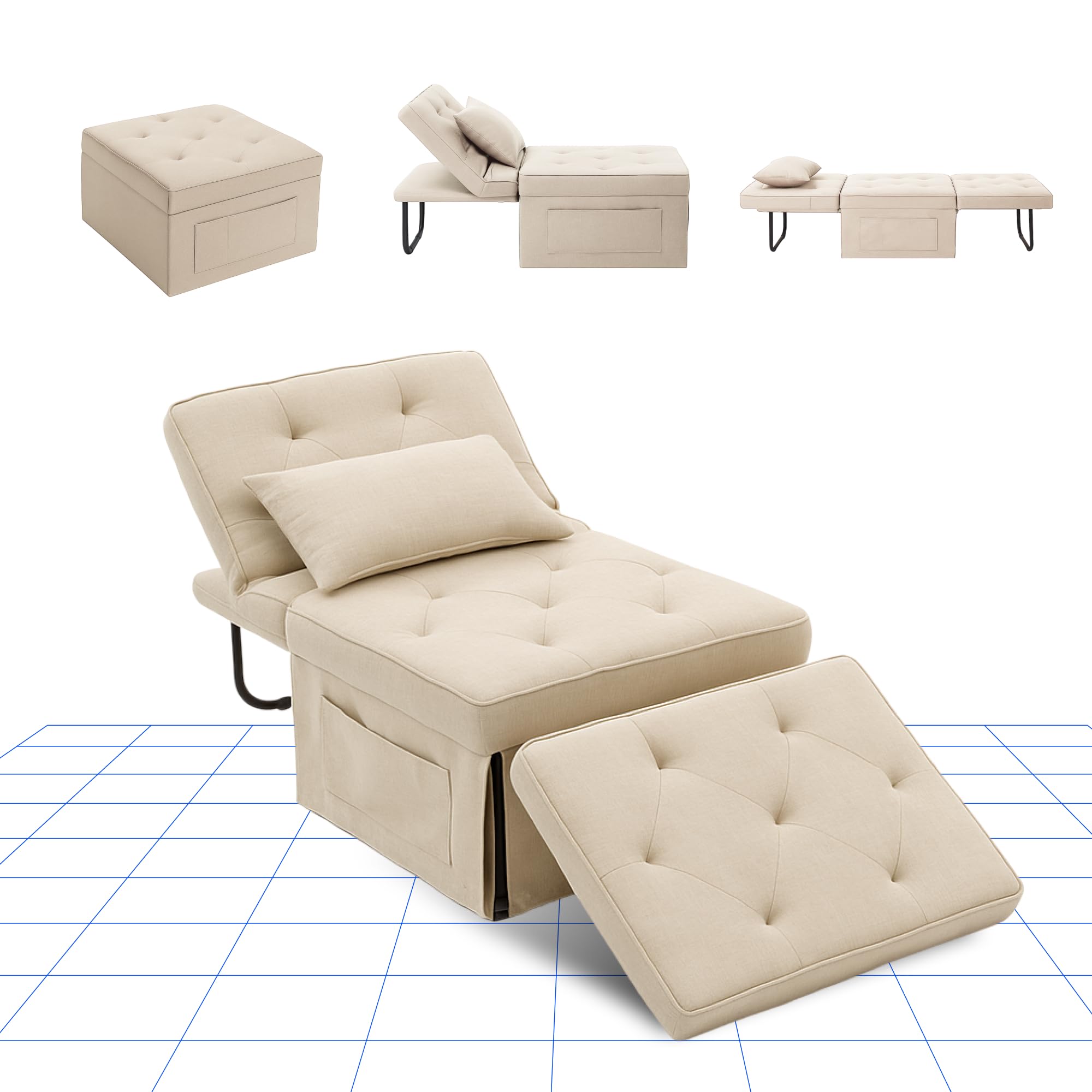FLEXISPOT Poltrona Relax Pieghevole 3 in 1, Sedia a Sdraio Trasformabile con Funzione Letto, Portata 300 kg,Beige, 72×69×35 cm