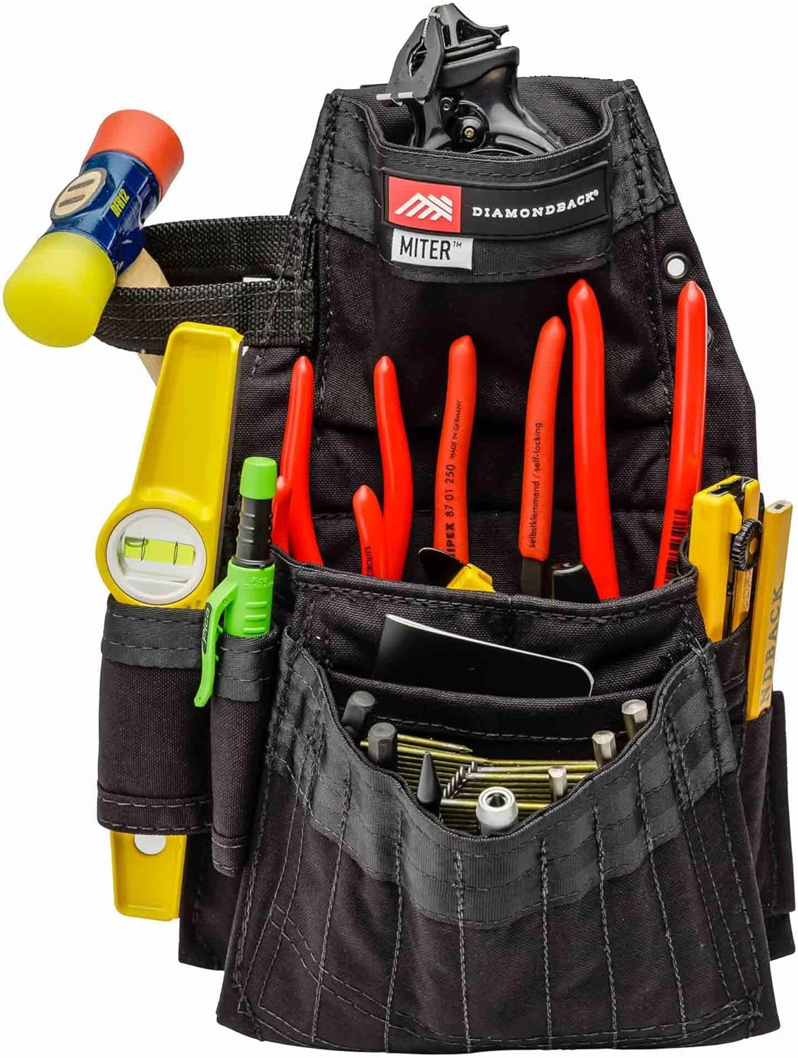 The Diamondback Miter Tool Pouch - Clip-On Tool Belt Pouch with 3 Pockets, 7 Slots, & 3 Loops- Lightweight Belt - Durable Tool Pouch with Belt Clip 15.25"x10.25", 1 lb (Black) - Image 2