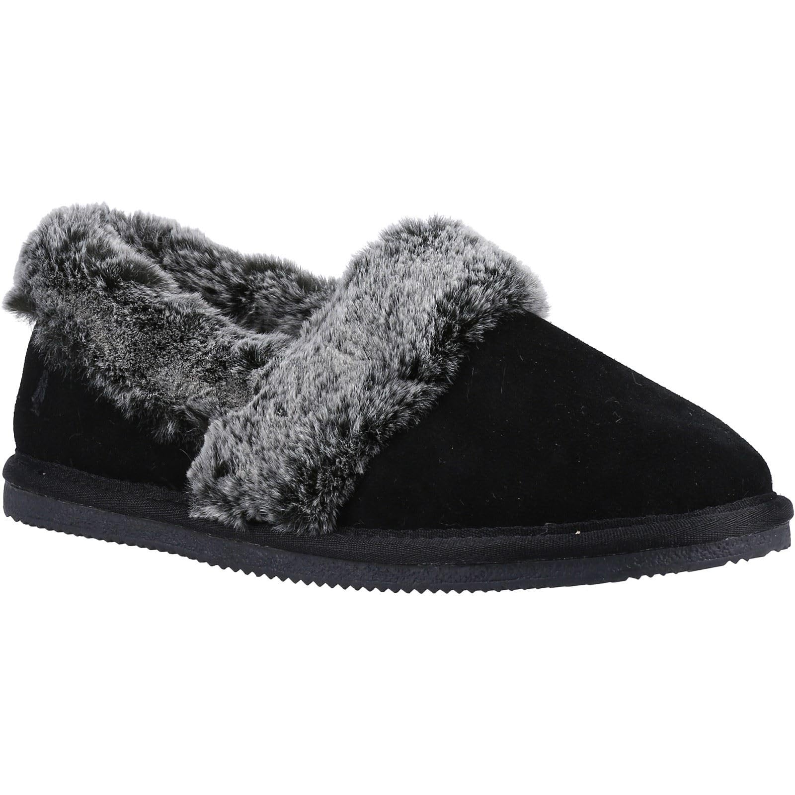 Hush Puppies Womens Slippers Full Fluffy Ariel Suede Leather black - Size UK 3