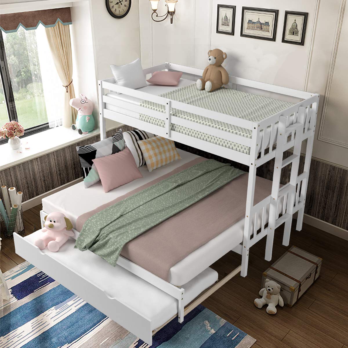 Giantex Twin Over PullOut Bunk Bed with Trundle, Solid Wood Bunk Bed