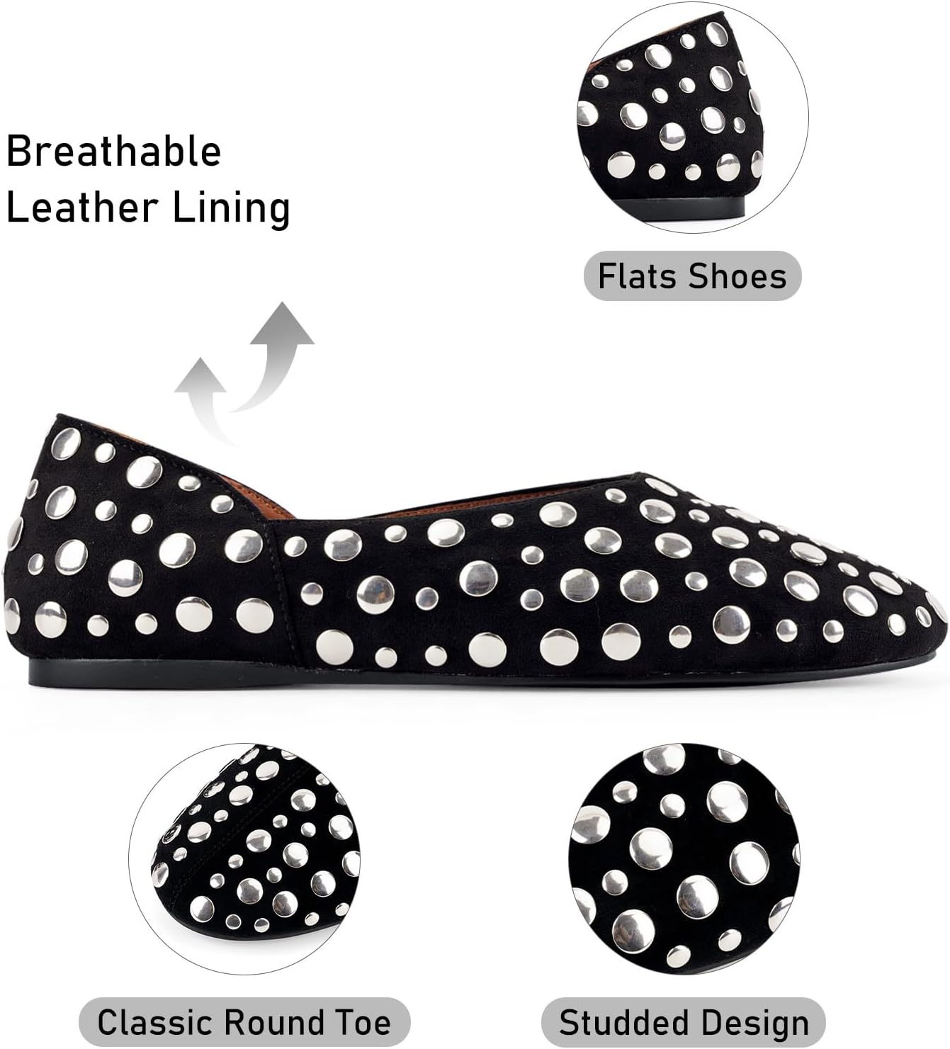 VBDB Studded Flats for Women Ballet Flats Round Toe Slip on Leather Suede Comfortable Dress Casual Walking Shoes
