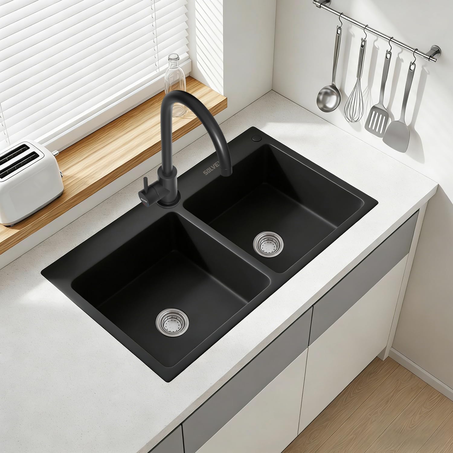 SOLVEX 30 Inch Drop in Double Bowls Kitchen Sink with Nano Coating,30x18 Inch Black Handmade Stainless Steel Topmount Kitchen Sink ST-7546-N