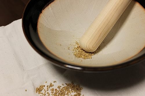 Miniatura 6 de Hecho en Japón Ripple Ridge Mortero y Maja Suribachi y Surikogi Set Mediano 7.48 pulgadas de diámetro para diestros y zurdos Negro Authentic Mino