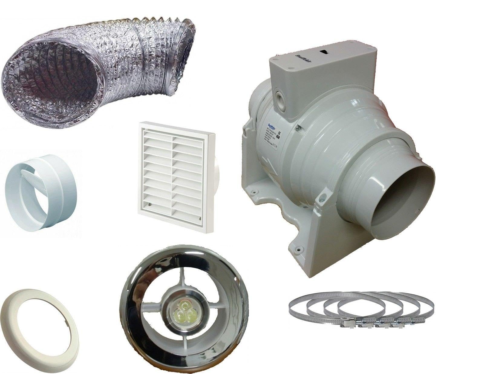 Swiftair White Xflo100t Timer Light Inline Extractor Kit Back Draught Shutter Led Bathroom Fan