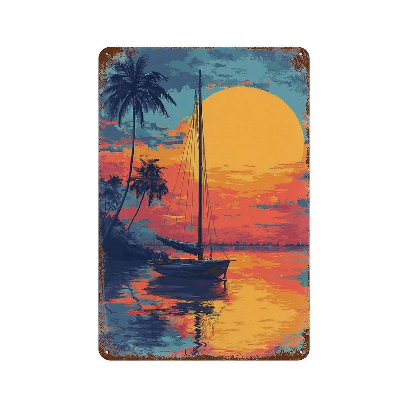 Rust Effect Tropical Sunset Sailboat Rusty Metal Tin Sign 11.8"x7.9", Old School Wall Decor for Garage, Bar And Workshop Decor