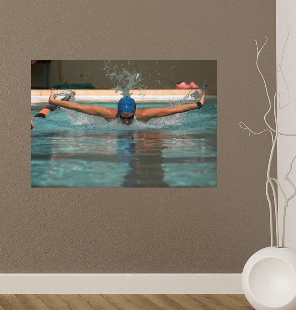 Powerful Female Swimmer Doing Butterfly Stoke Wall Decal - 52 Inches W x 36 Inches H - Peel and Stick Removable Graphic