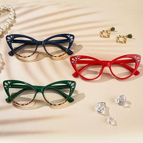 Miniatura 4 de VOOGLAM Gafas de bloqueo de luz azul ojo de gato para mujer, gafas falsas de moda con diamante antifatiga ocular y emmie UV
