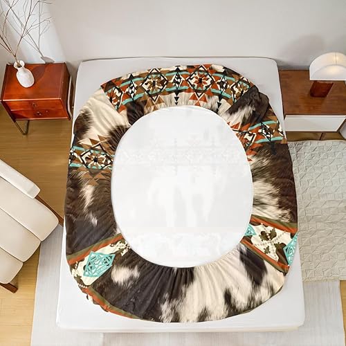 Miniatura 4 de Erosebridal Juego de sábanas de cuero de vaca, sábanas bajeras con estampado de vaca marrón, sábana encimera de tribu azteca con diamantes exóticos,