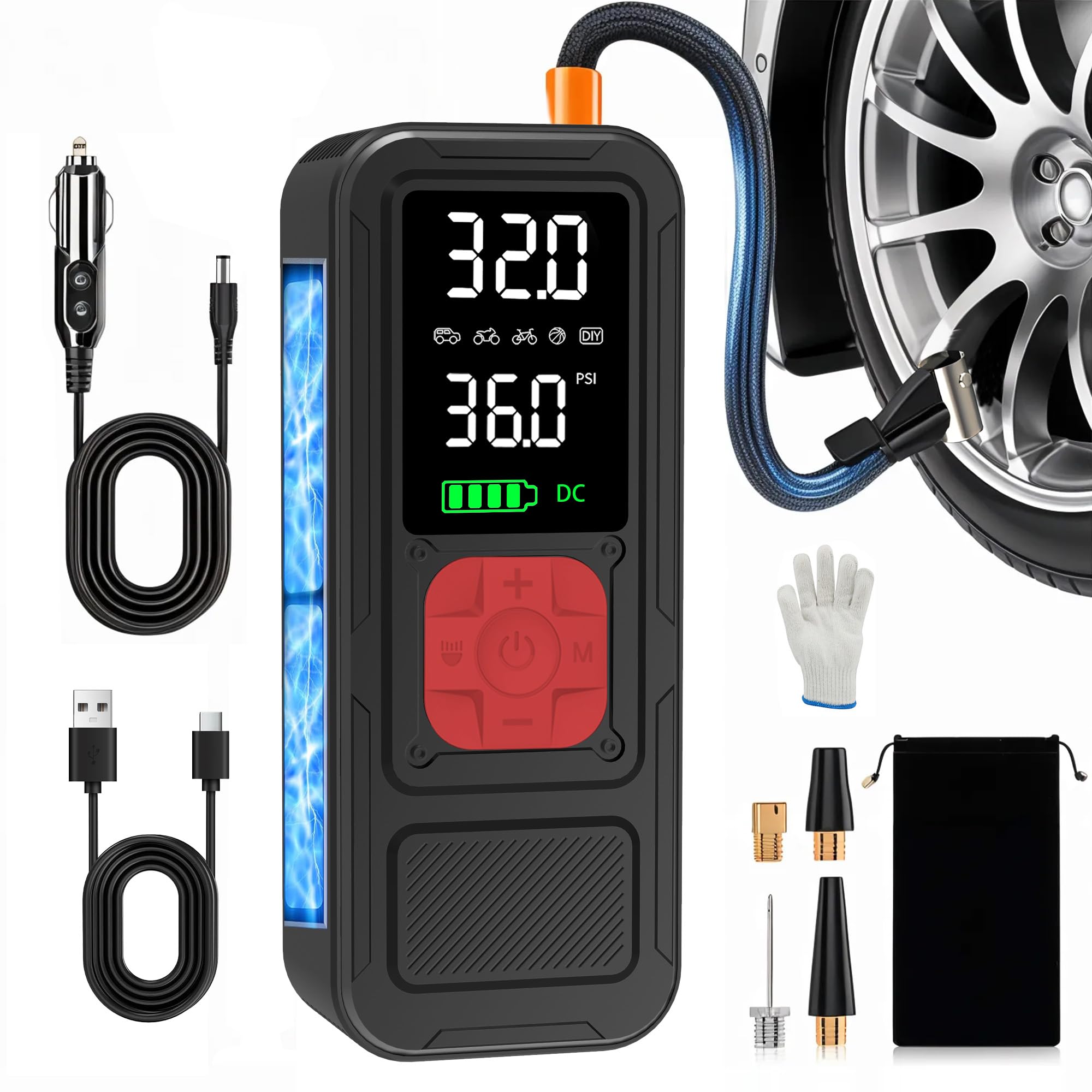 Y34 Tire Inflator Portable Air Compressor,4X Faster Inflation,8000mAh Cordless/12V DC 150PSI Air Pump with Digital Pressure Gauge for Car,Motorcycle,Bike,Gifts for Him