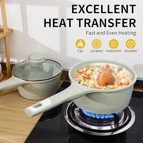 Miniatura 5 de Juego de 4 sartenes de 1.5 cuartos y 2.0 cuartos de galón con tapa, olla antiadherente para cocinar, fácil de limpiar, 100% libre de PFOA PFAS para