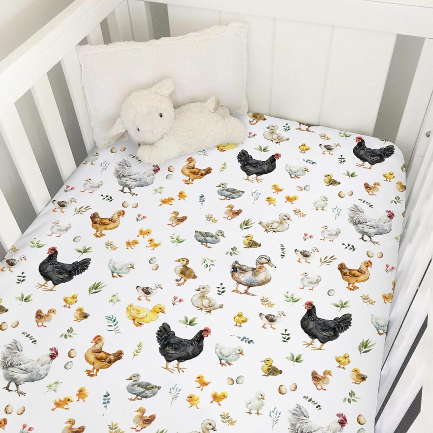 Spring Farm Animals Boho Leaves Baby Crib Mattress Sheet 52''x28'' Chick Rooster Hen Duck Eggs Snug Fitted Crib Mattress Cover for Boy Girl Soft Baby Sheets for Standard Crib Toddler Mattress Cover