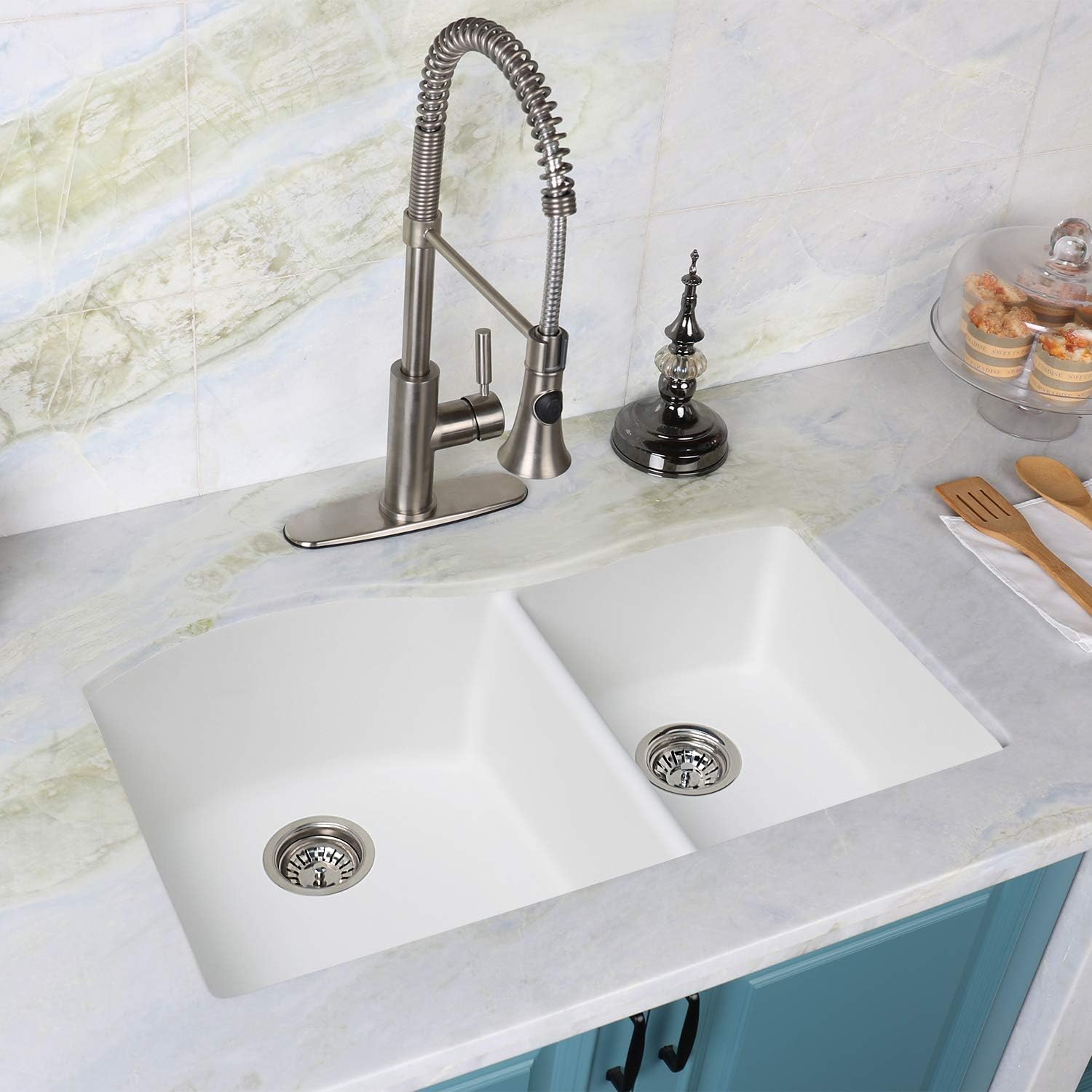 Product Deal 32 Quartz Sink - Enbol Granite Composite Undermount Kitchen Sink 32 Inch 60/40 Double Bowl for Easy Clean GDS-3221-W