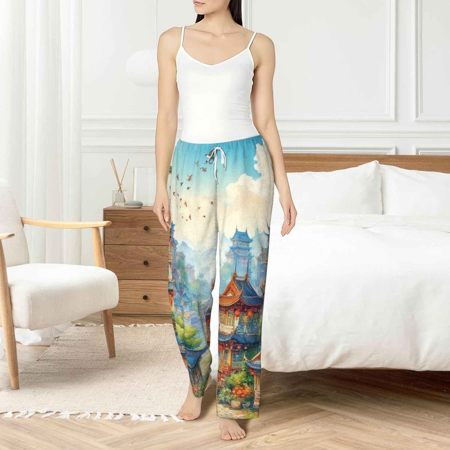 Women'S Cartoon-Ancient-Pagodas Fleece Pajama Pants, Cozy Flannel Lounge Bottoms For Women