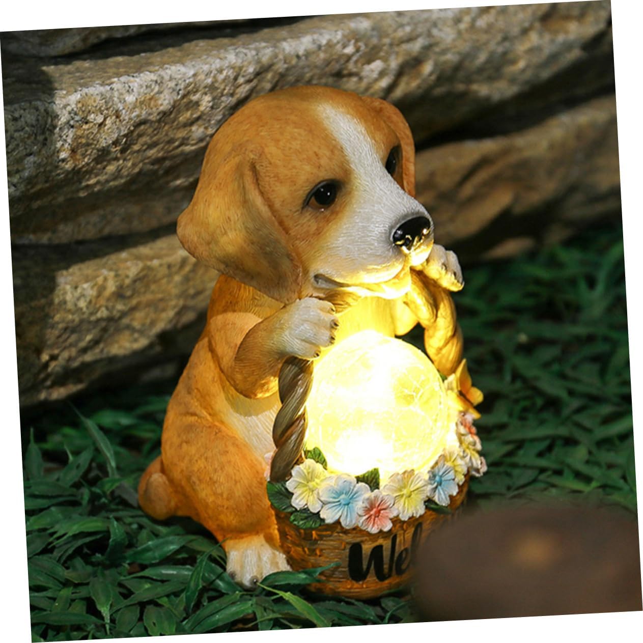 Basket Garden Decor Outdoor Resin Adornment with Solar Light Durable Lawn Ornament for Patio and Garden Dog Lovers