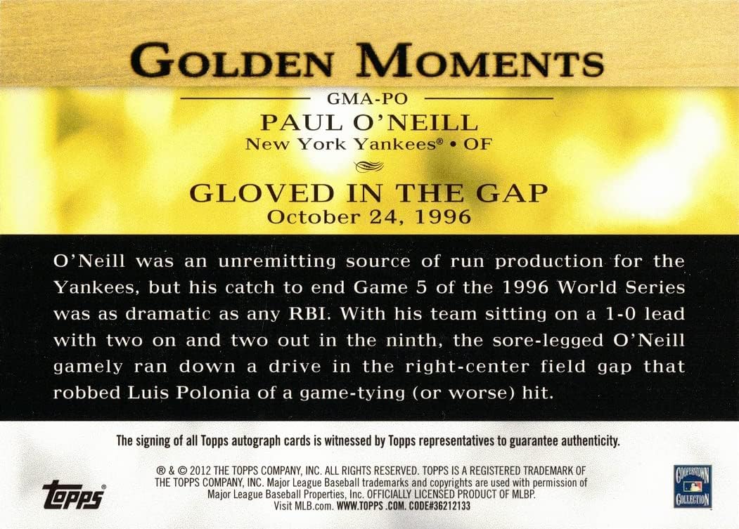 2012 Topps Golden Moments #GMA-PO Paul O'Neill Certified Autograph Baseball Card
