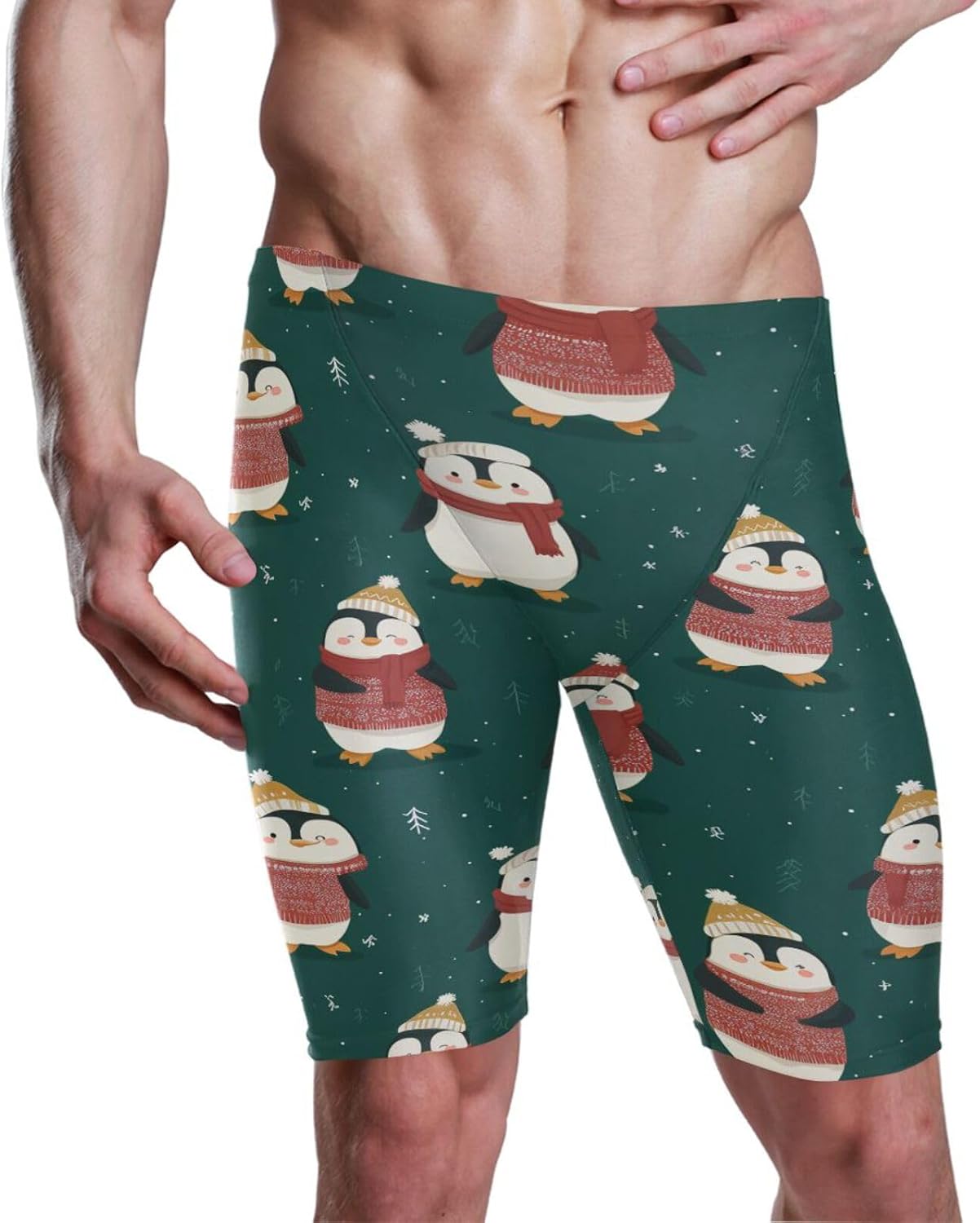 ZZXXB Xmas Penguin Print Men's Racing Swim Trunks Athletic Swim Jammers Quick Dry Training Swim Shorts S-3XL