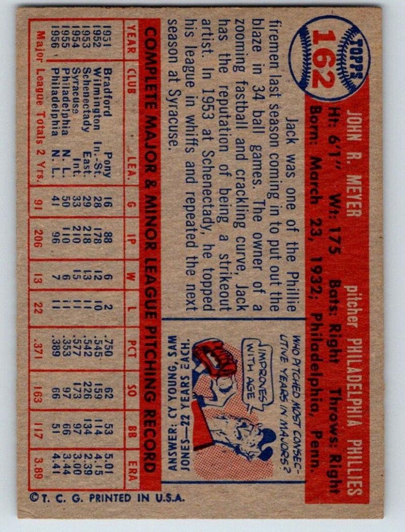 1957 Topps #162 Jack Meyer Philadelphia Phillies (Baseball Card) NM Phillies